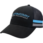 Black cap with Stingray Polarised logo and blue side strip on a white background